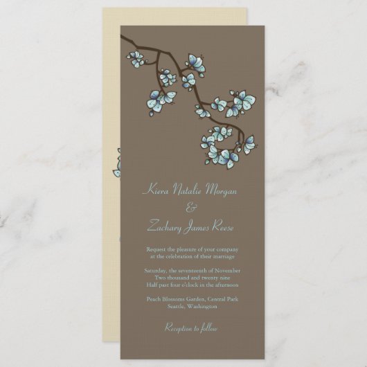 Blue Peach Blossom Sakura Asian Wedding Invite Kaart (Voorkant / Achterkant)