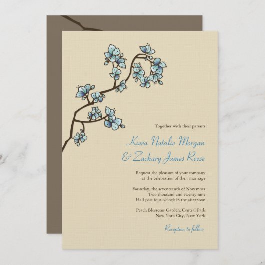 Blue Peach Blossom Sakura Asian Wedding Invite Kaart (Voorkant / Achterkant)