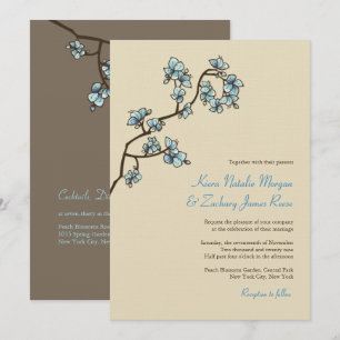 Blue Peach Blossom Sakura Asian Wedding Invite Kaart