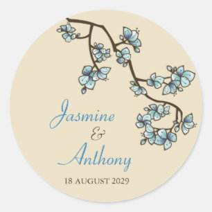 Blue Peach Blossom Sakura Modern Asian Wedding Ronde Sticker