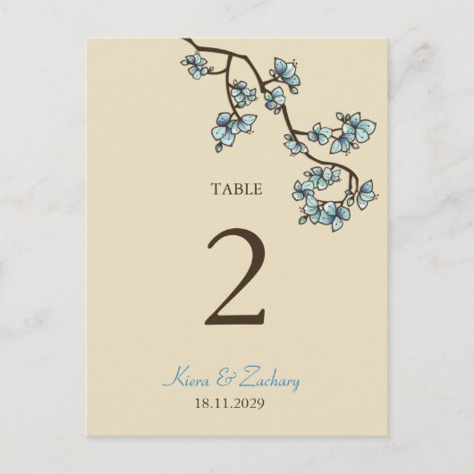 Blue Peach Blossom Weddenschappen Table Number Car Briefkaart (Voorkant)