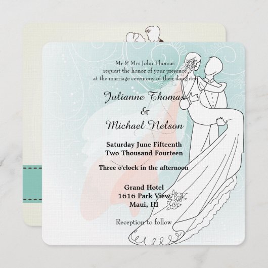 Blue Peach bruid en bruidegom bruiloft Kaart (Voorkant / Achterkant)