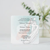 Blue Peach bruid en bruidegom bruiloft Kaart (Staand voorkant)