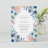 Blue Peach Floral Bloom Wedding Kaart (Staand voorkant)