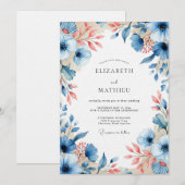 Blue Peach Floral Bloom Wedding Kaart (Voorkant / Achterkant)