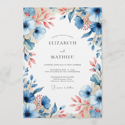 Blue Peach Floral Bloom Wedding Kaart (Voorkant)