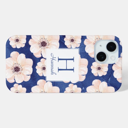 Blue Peach Floral Pattern Monogram Case-Mate iPhone Case (Achterkant (horizontaal))