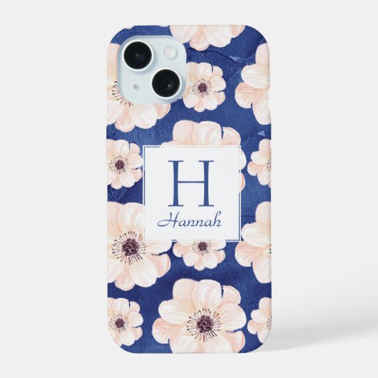Blue Peach Floral Pattern Monogram iPhone 15 Hoesje (Achterkant)
