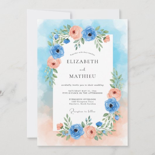 Blue Peach Floral Romance Wedding Kaart (Voorkant)