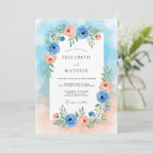 Blue Peach Floral Romance Wedding Kaart (Staand voorkant)