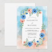 Blue Peach Floral Romance Wedding Kaart (Voorkant / Achterkant)