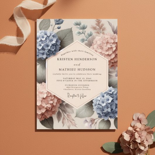 Blue Peach Hydrangea Botanical Wedding Kaart