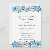 Blue Peach Peonies Brunch & Bubble Invitation Kaart (Voorkant)
