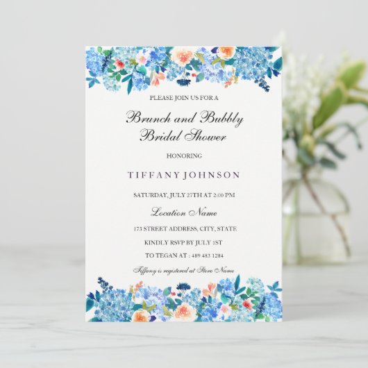Blue Peach Peonies Brunch & Bubble Invitation Kaart (Staand voorkant)