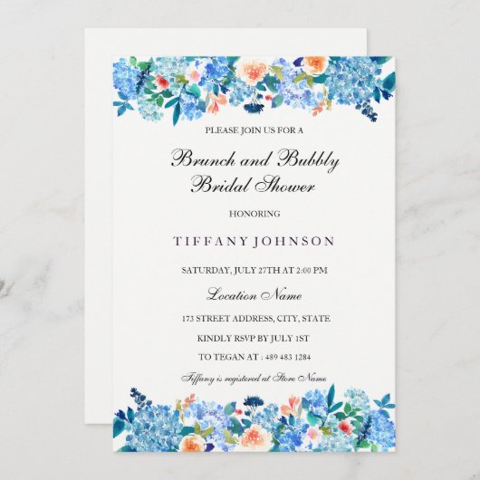 Blue Peach Peonies Brunch & Bubble Invitation Kaart (Voorkant / Achterkant)