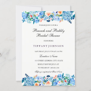 Blue Peach Peonies Brunch & Bubble Invitation Kaart