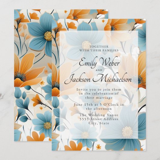 Blue Peach Waterverf Floral Wedding Kaart (Voorkant / Achterkant)