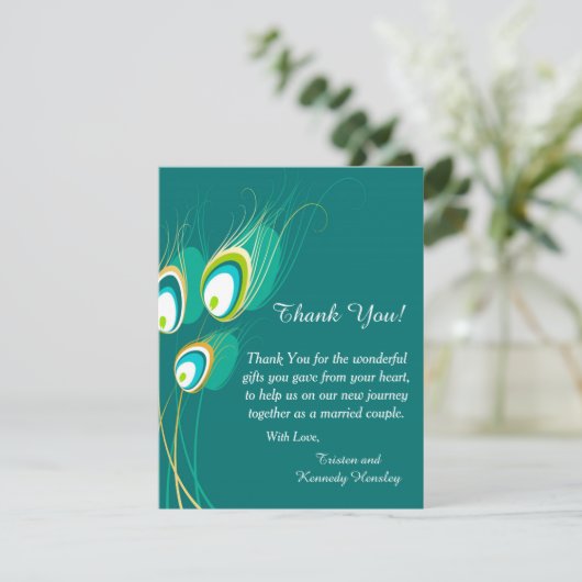 Blue Peacock 4x5 Flat Weddenschap Hartelijk dank Bedankkaart (Staand voorkant)