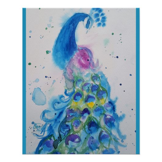 Blue Peacock Aquarel Schilderkunst Perfect Poster (Voorkant)