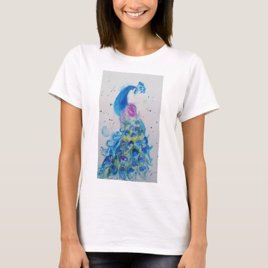 Blue Peacock Aquarel schilderkunst T Shirt (Voorkant)