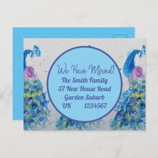 Blue Peacock Art New Address Moving Briefkaart (Voorkant / Achterkant)