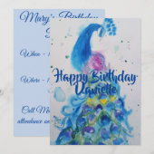 Blue Peacock Art Watercolor Verjaardag Uitnodiging (Voorkant / Achterkant)