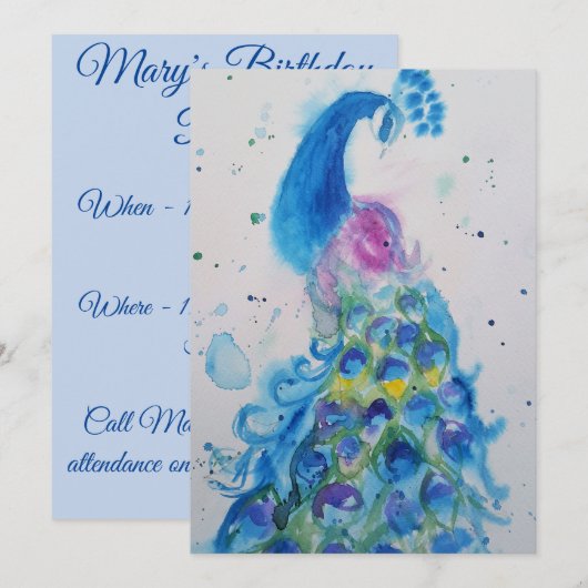 Blue Peacock Art Waterverf Birthday Uitnodiging (Voorkant / Achterkant)
