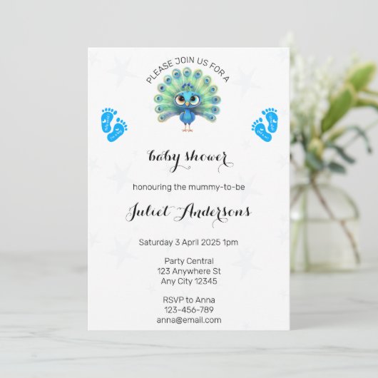Blue Peacock Baby shower Invitation Kaart (Staand voorkant)