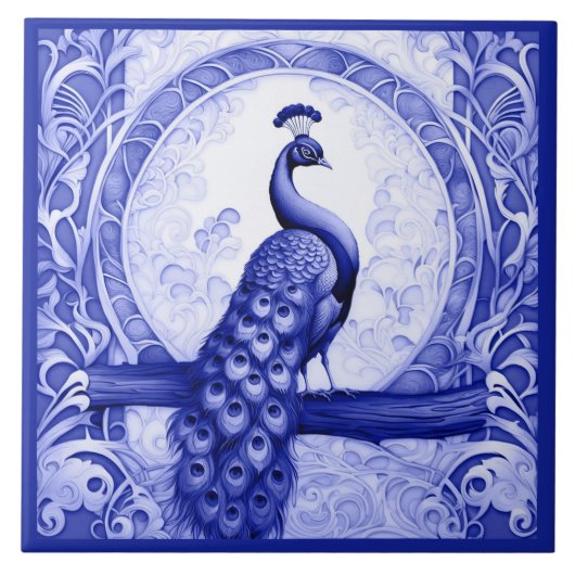  Blue Peacock Bird Art Nouveau Art Deco Tegeltje (Voorkant)