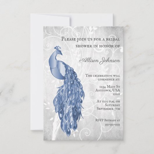 Blue Peacock Bridal Shower-uitnodiging Kaart (Voorkant)