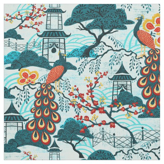 Blue Peacock Chinoiserie Fabric Stof (Swatch)