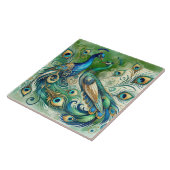 Blue Peacock Couple Green Golden Feathers Motif  Tegeltje (Zijkant)