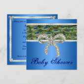 Blue Peacock Diamond Bow Baby shower Uitnodiging (Voorkant / Achterkant)
