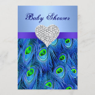 Blue Peacock Diamond Heart Baby shower Invitation Kaart