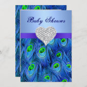 Blue Peacock Diamond Heart Baby shower Uitnodiging (Voorkant / Achterkant)