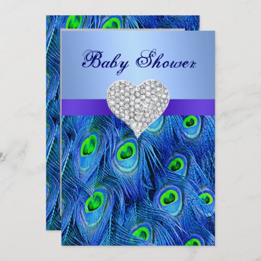 Blue Peacock Diamond Heart Baby shower Uitnodiging (Voorkant / Achterkant)
