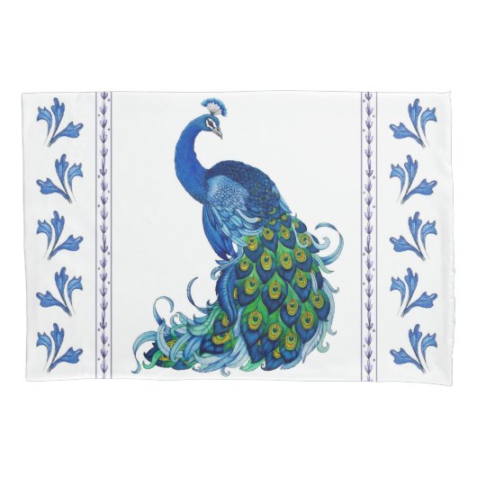 Blue Peacock en Leaves Pillow Hoesje Kussensloop (Voorkant)