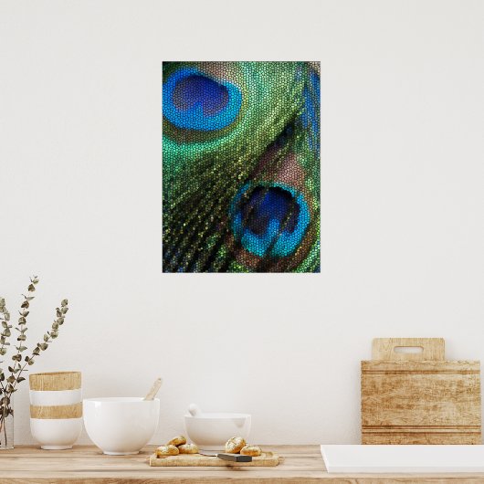 Blue Peacock Feather met Glas in lood-effect Poster (Keuken)
