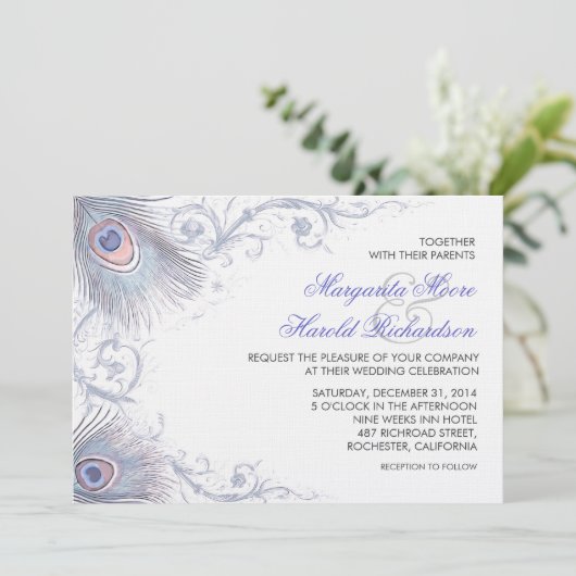 Blue Peacock Feathers Vintage bruiloft uitnodiging (Staand voorkant)