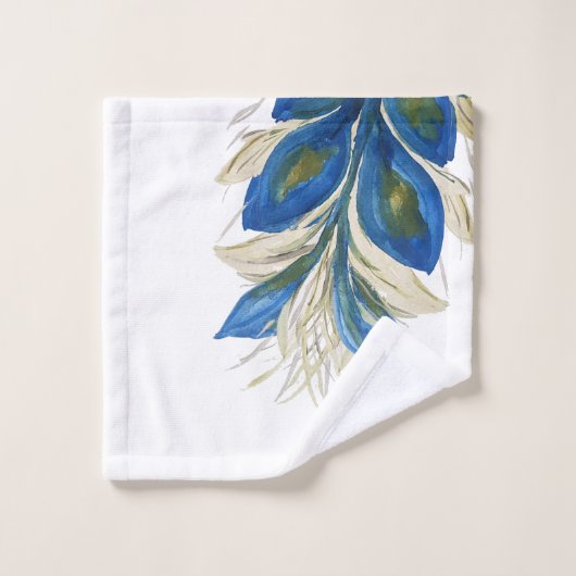 Blue Peacock Feathers Waterverf met de hand geverf Bad Handdoek (Wasdoekje)