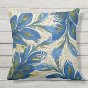 Blue Peacock Feathers Waterverf met de hand geverf Buitenkussen