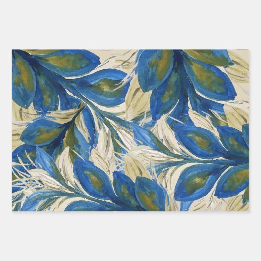 Blue Peacock Feathers Waterverf met de hand geverf Inpakpapier Vel (Voorkant 3)