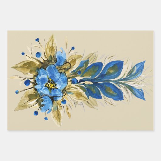 Blue Peacock Feathers Waterverf met de hand geverf Inpakpapier Vel (Voorkant)