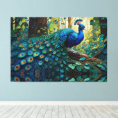 Blue Peacock in het bos Canvas Afdruk (Insitu (Houten vloer))