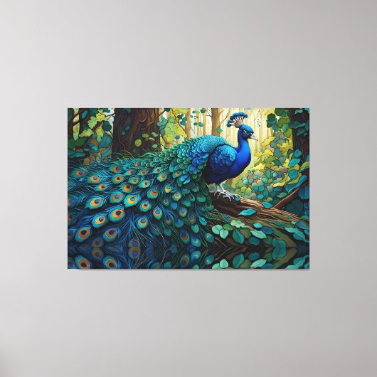 Blue Peacock in het bos Canvas Afdruk (Voorkant)