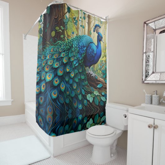 Blue Peacock in het bos Douchegordijn (In situ)