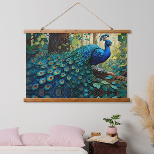 Blue Peacock in het bos Hangend Wandkleed (Slaapkamer)