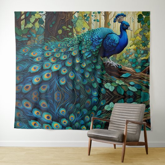 Blue Peacock in het bos Wandkleed (In Situ (horizontaal))