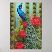 Blue Peacock in Roos en Fern Garden Poster (Voorkant)