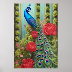 Blue Peacock in Roos en Fern Garden Poster